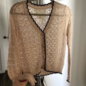 Women’s Cream Open-Knit Cardigan with Black Trim